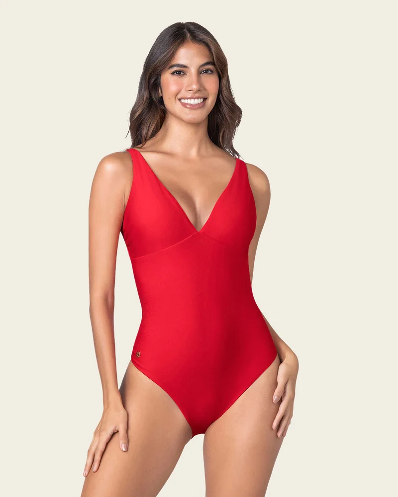 Double Plunge Corrigerend Badpak Zwart & Rood | Leonisa