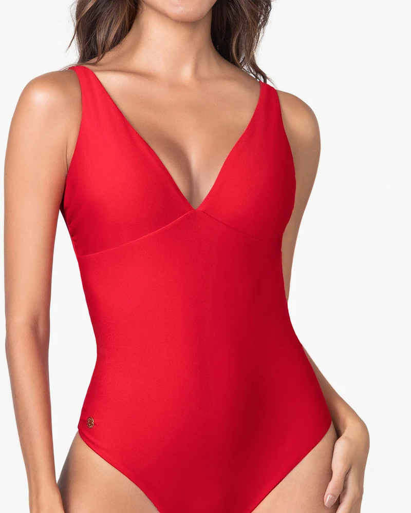 Double Plunge Corrigerend Badpak Zwart & Rood | Leonisa