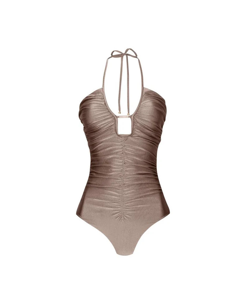 Cacaobruin Badpak met Cut-Out PQ Swim | Halter met Gouden Detail