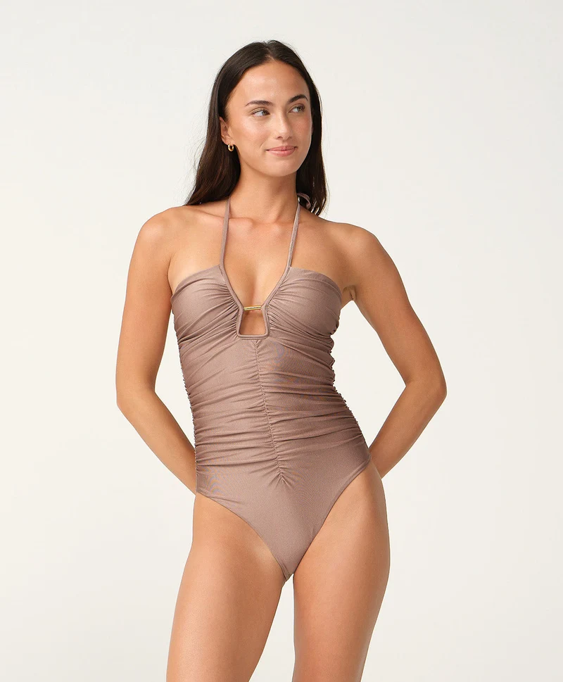 Cacaobruin Badpak met Cut-Out PQ Swim | Halter met Gouden Detail