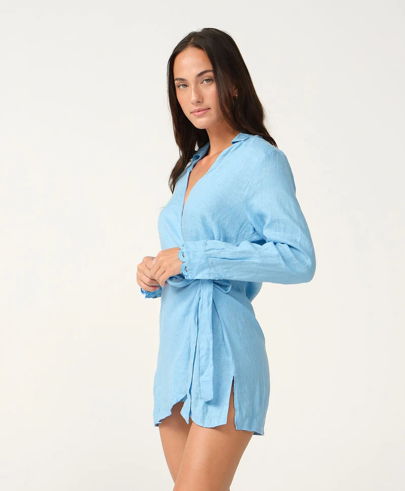 Lichtblauwe Linnen Strandblouse met Kant PQ Swim | Cover-Up