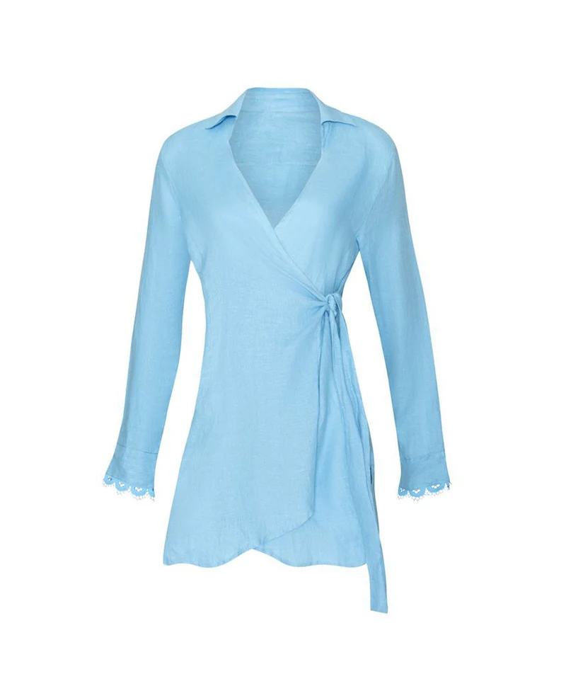 Lichtblauwe Linnen Strandblouse met Kant PQ Swim | Cover-Up
