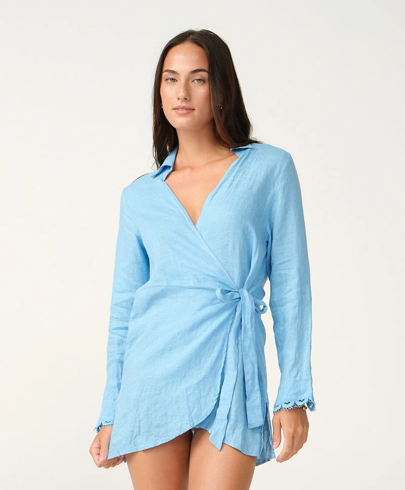 Lichtblauwe Linnen Strandblouse met Kant PQ Swim | Cover-Up