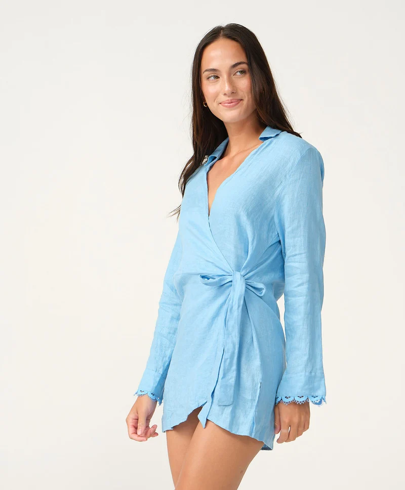 Lichtblauwe Linnen Strandblouse met Kant PQ Swim | Cover-Up