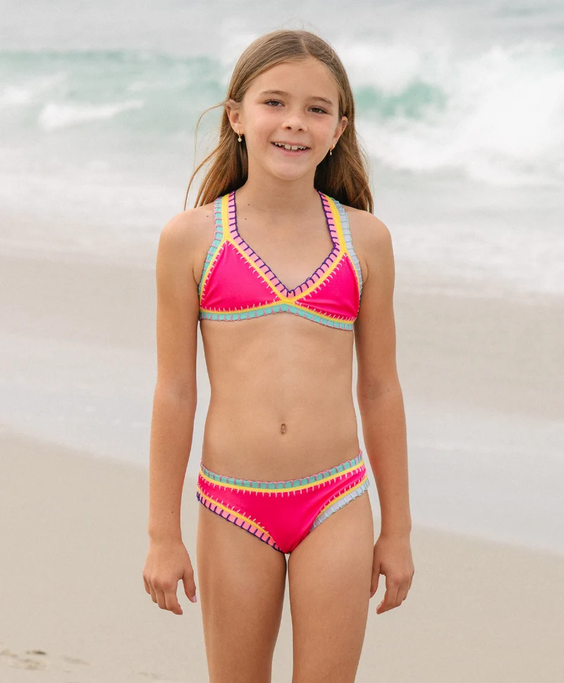 PQ Swim Kids Bright Pink Rainbow Geborduurd Bikini | Meisjes Felroze