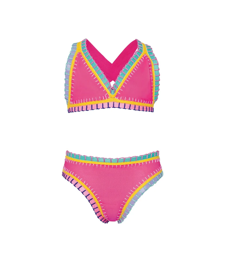 PQ Swim Kids Bright Pink Rainbow Geborduurd Bikini | Meisjes Felroze