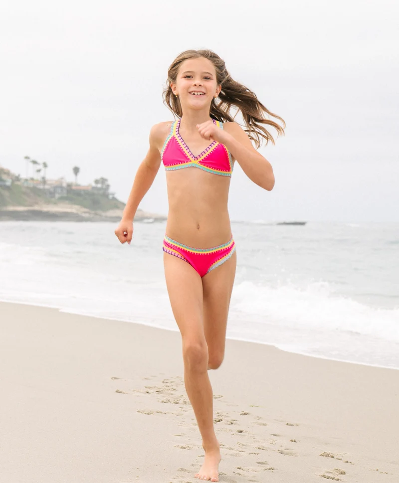 PQ Swim Kids Bright Pink Rainbow Geborduurd Bikini | Meisjes Felroze