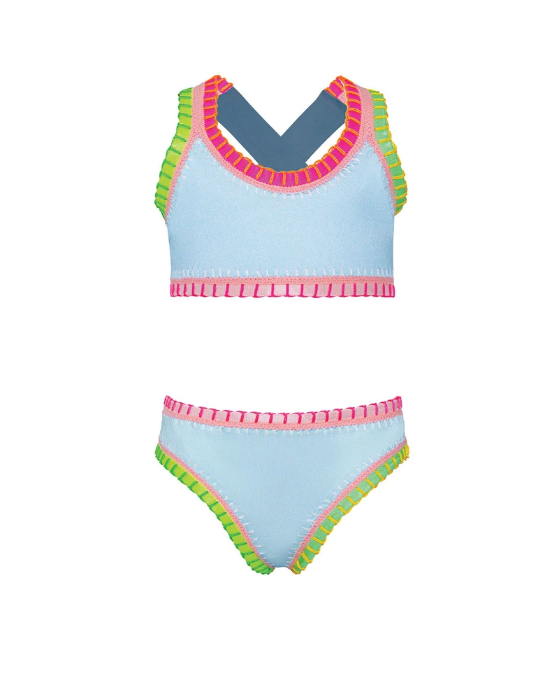 PQ Swim Kids Ice Blue Sporty Rainbow Geborduurd Bikini | Meisjes IJsblauw