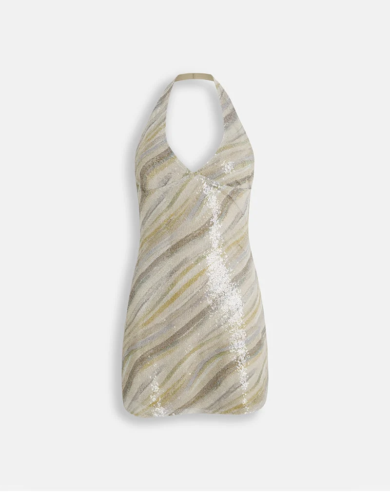 Hepasi Halter-Minikleid mit Streifenmuster und Pailletten in Helltaupe