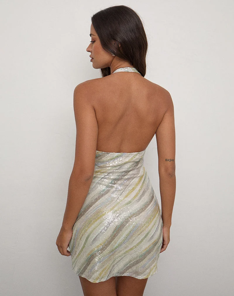 Hepasi Halter-Minikleid mit Streifenmuster und Pailletten in Helltaupe