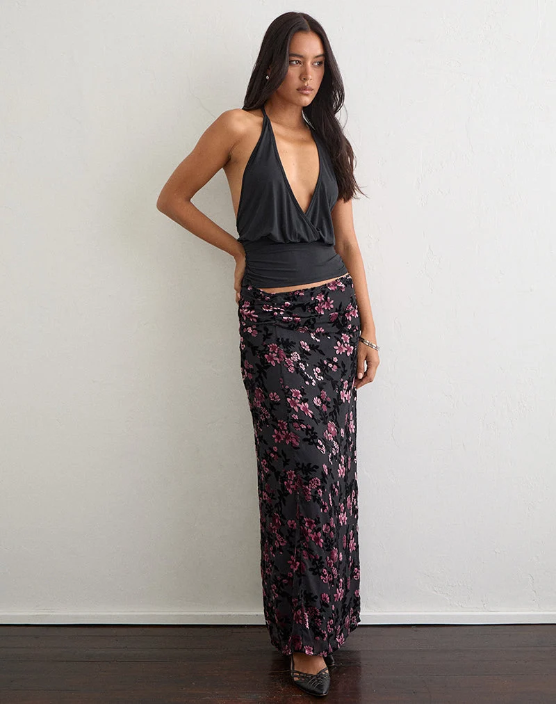 Nirbana-Maxirock mit Devore-Blumenmuster in Schwarz