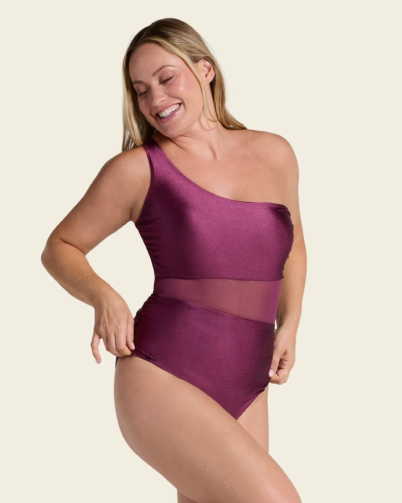 Luna One-Shoulder Corrigerend Badpak Zwart, Bordeaux & Marineblauw | Leonisa