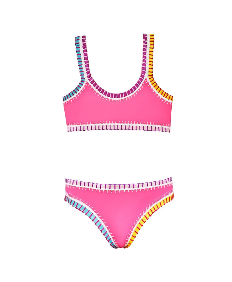 PQ Swim Kids Hot Pink Sporty Rainbow Geborduurd Bikini | Meisjes Zwemkleding