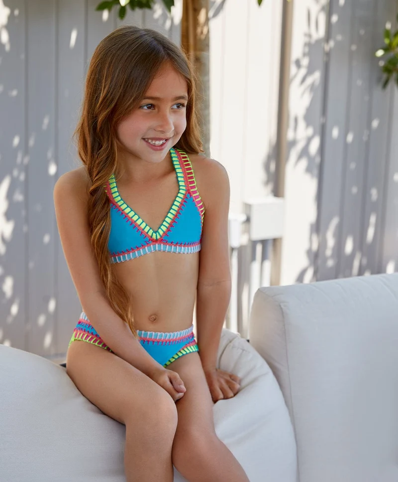 PQ Swim Kids Turquoise Rainbow Geborduurd Bikini | Handgemaakt Meisjes Zwemkleding