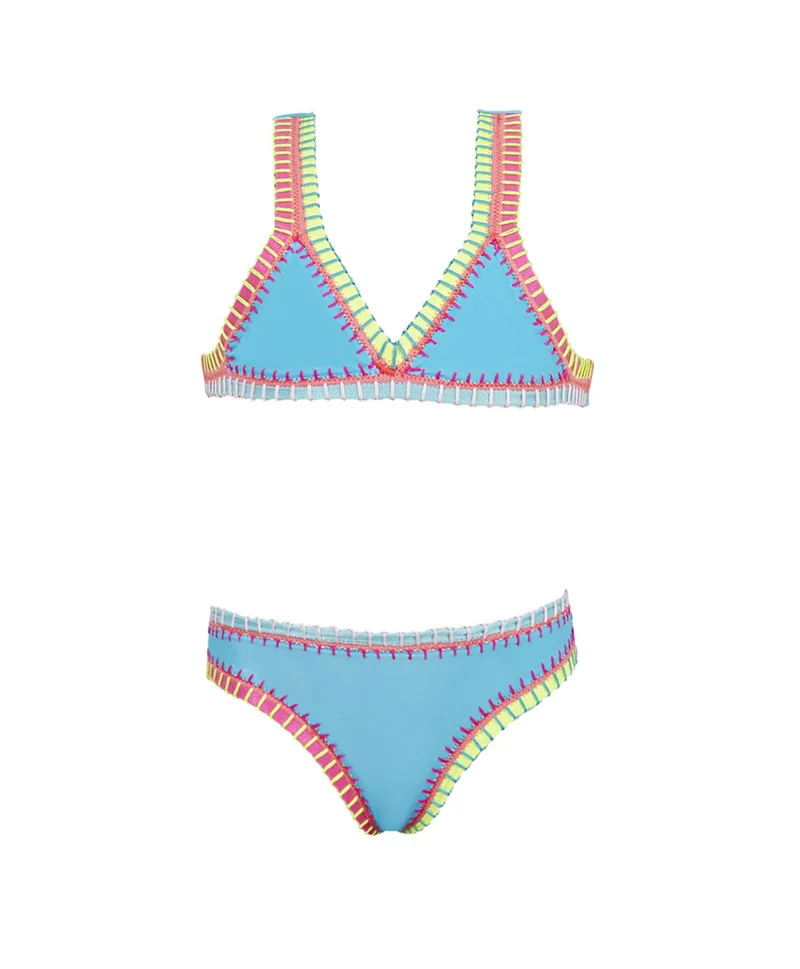 PQ Swim Kids Turquoise Rainbow Geborduurd Bikini | Handgemaakt Meisjes Zwemkleding