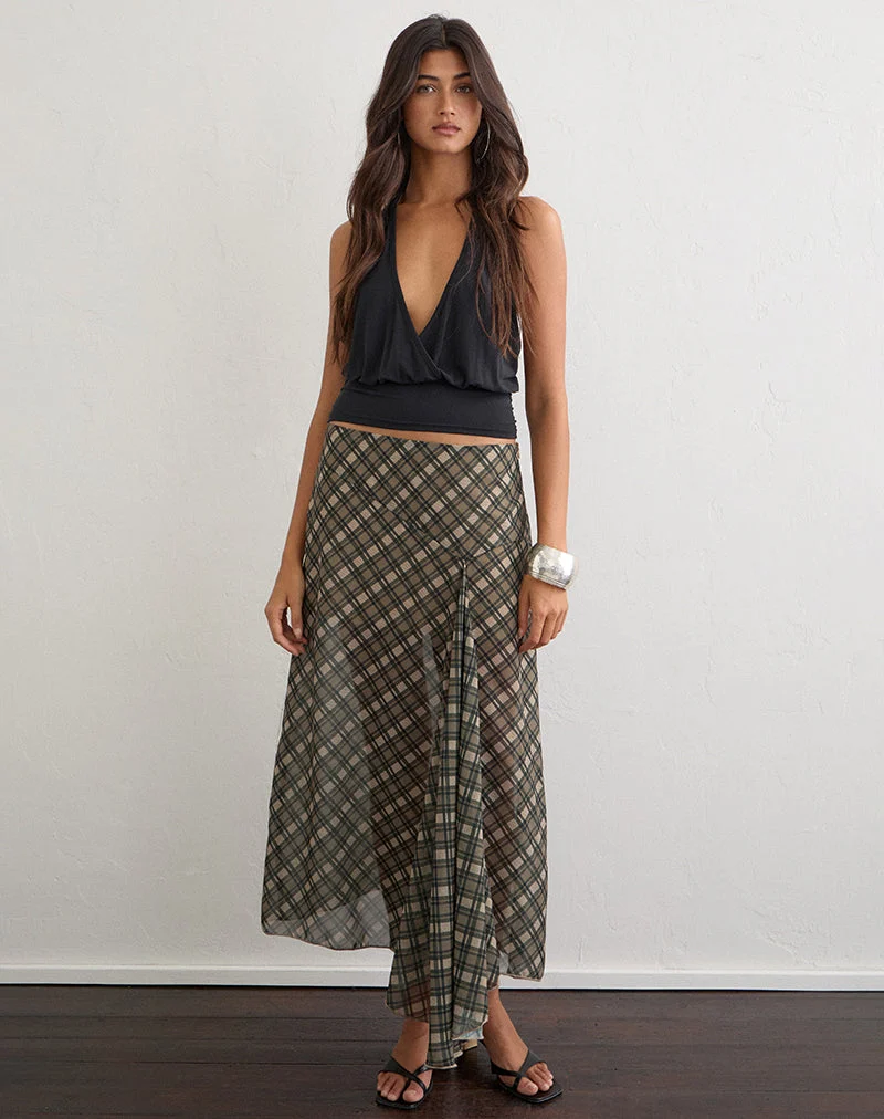 Selenia Maxi-Rock aus Chiffon mit Vintage-Karomuster in Olivgrün