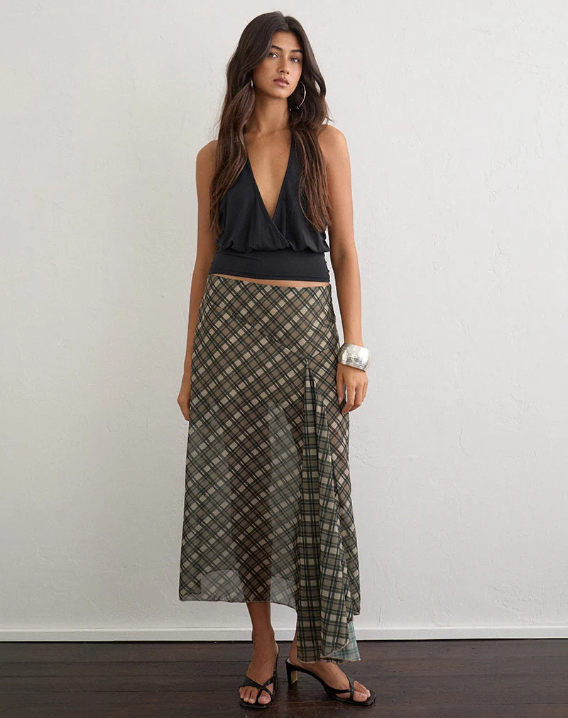 Selenia Maxi-Rock aus Chiffon mit Vintage-Karomuster in Olivgrün