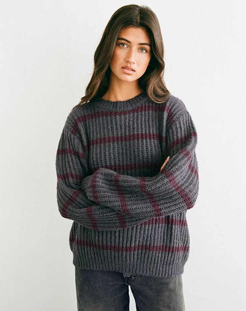 Namirta-Pullover in Grau mit Streifen in den Farben „Raven“ und „Raspberry“