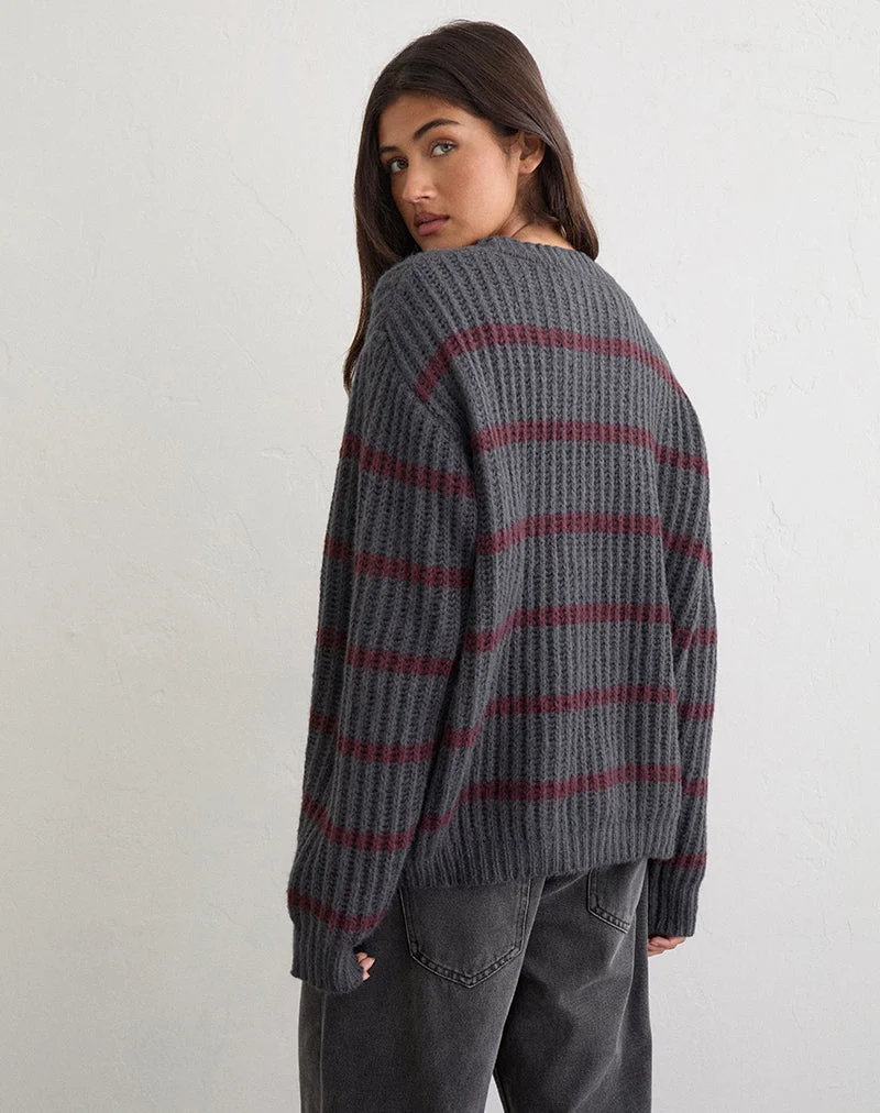 Namirta-Pullover in Grau mit Streifen in den Farben „Raven“ und „Raspberry“