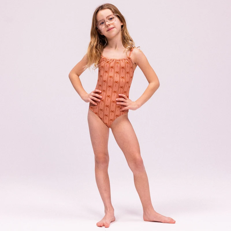 Swimsuit Girls - Brown - Palm Stripe
