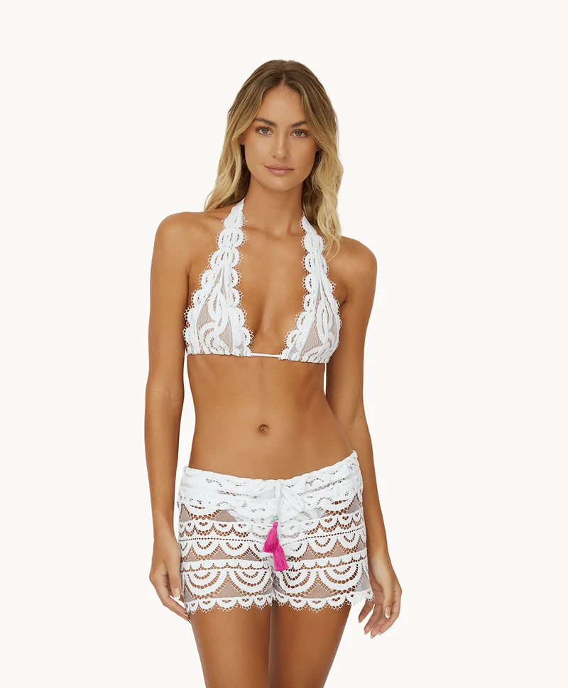 Witte Lace Diva Strandshort PQ Swim | 24K Goud Kant Beach Cover-Up