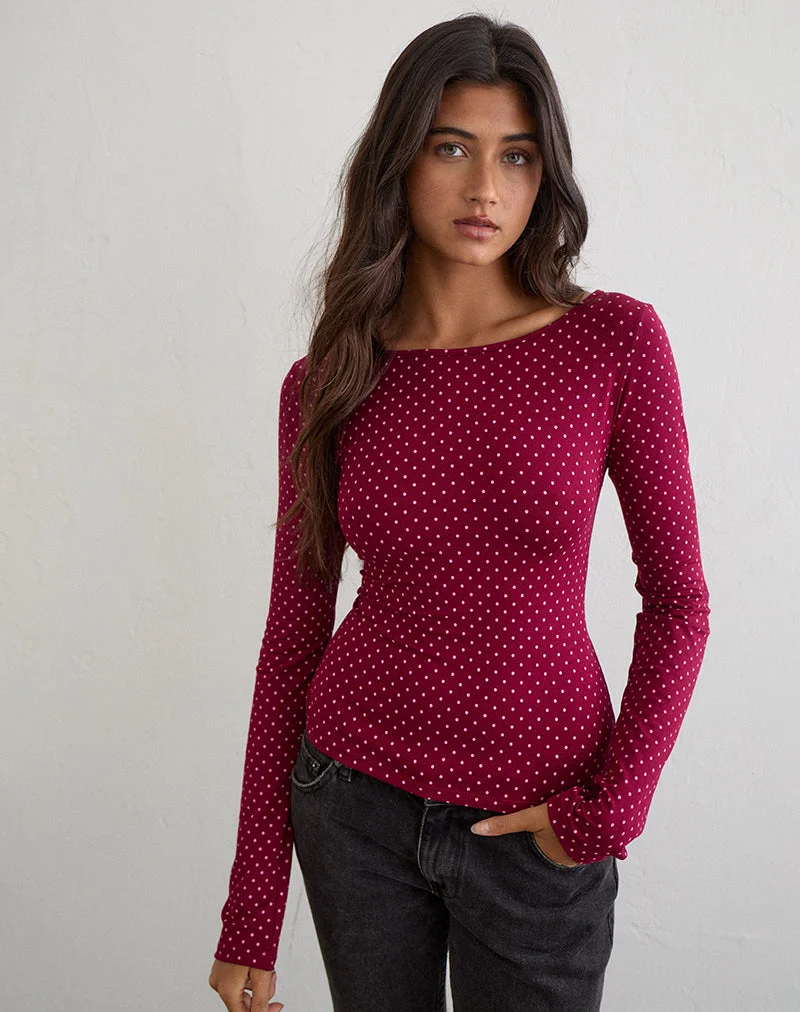 Mazone-Top in Weinrot mit rosa Mikro-Polka-Print