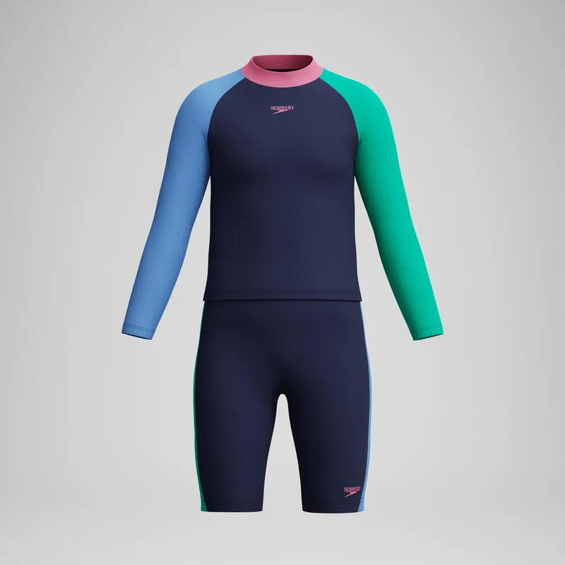 Girls Colourblock Long Sleeve Rashguard & Jammer Set Navy/Blue