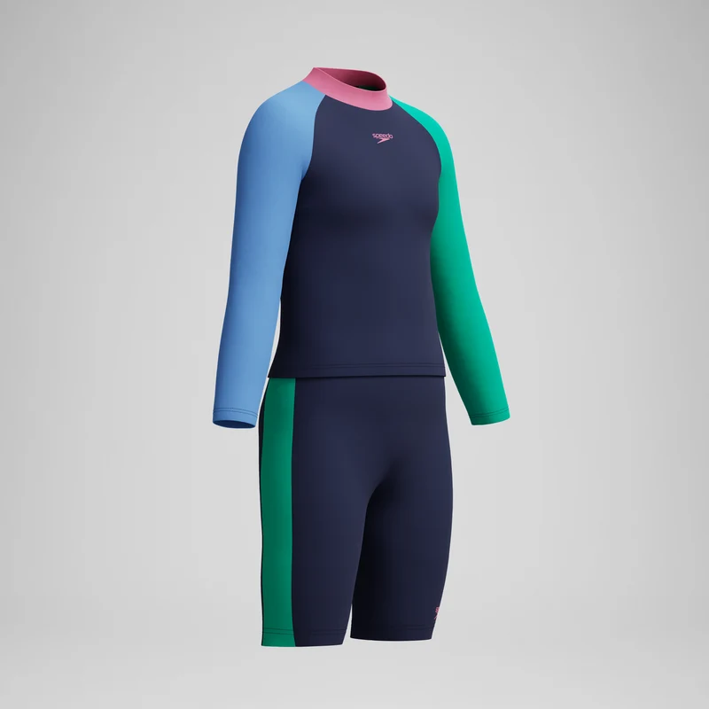 Girls Colourblock Long Sleeve Rashguard & Jammer Set Navy/Blue