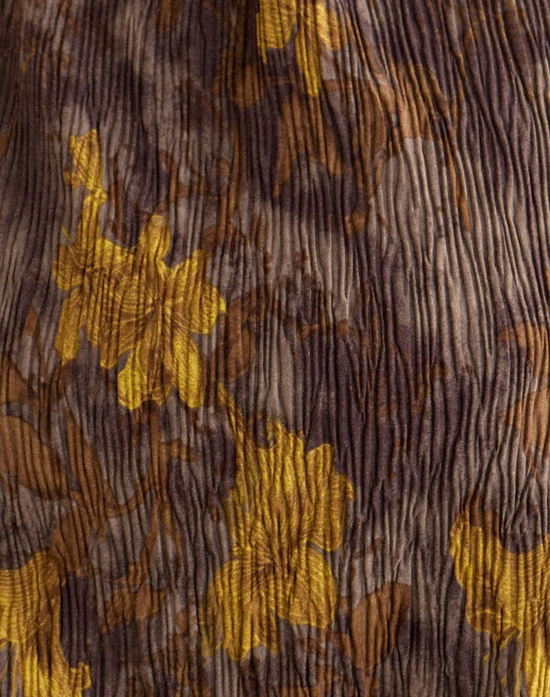 Sunari-Oberteil mit Blumenmuster, plissiert, in Braun und Gelb