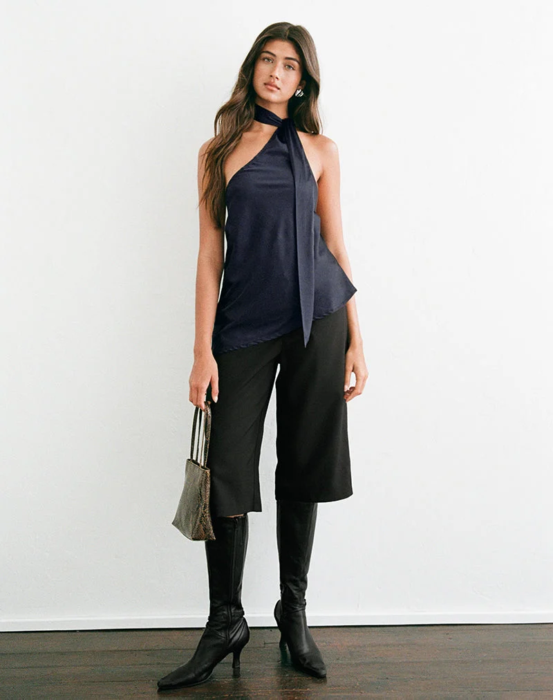 Sambara Asymmetrisches Neckholder-Top mit Schleifenbindung aus Satin in Marineblau