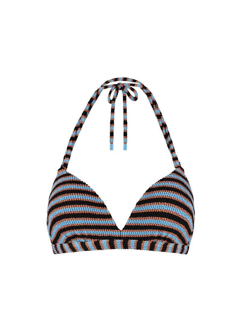 Blue Ribbed Stripe halter bikinitop met beugel