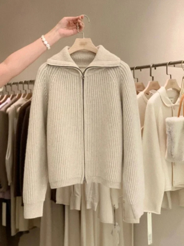 Kaschmir-Cardigan mit Reißverschluss für Damen – 100 % reines, dickes Strickmaterial mit Revers für Herbst und Winter