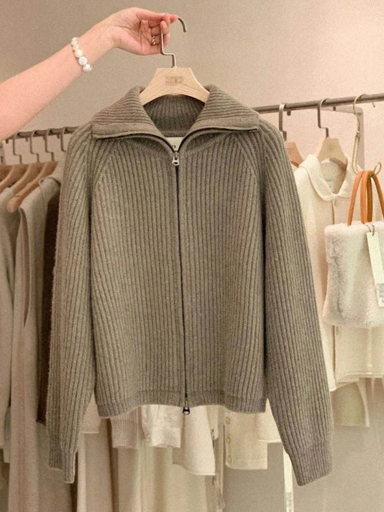 Kaschmir-Cardigan mit Reißverschluss für Damen – 100 % reines, dickes Strickmaterial mit Revers für Herbst und Winter