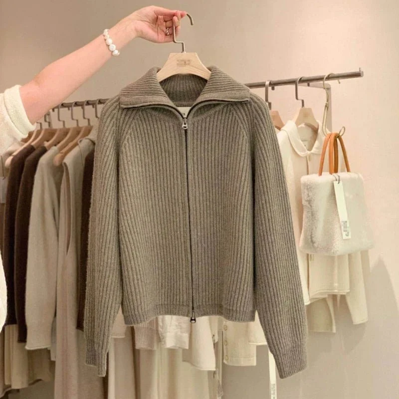 Kaschmir-Cardigan mit Reißverschluss für Damen – 100 % reines, dickes Strickmaterial mit Revers für Herbst und Winter