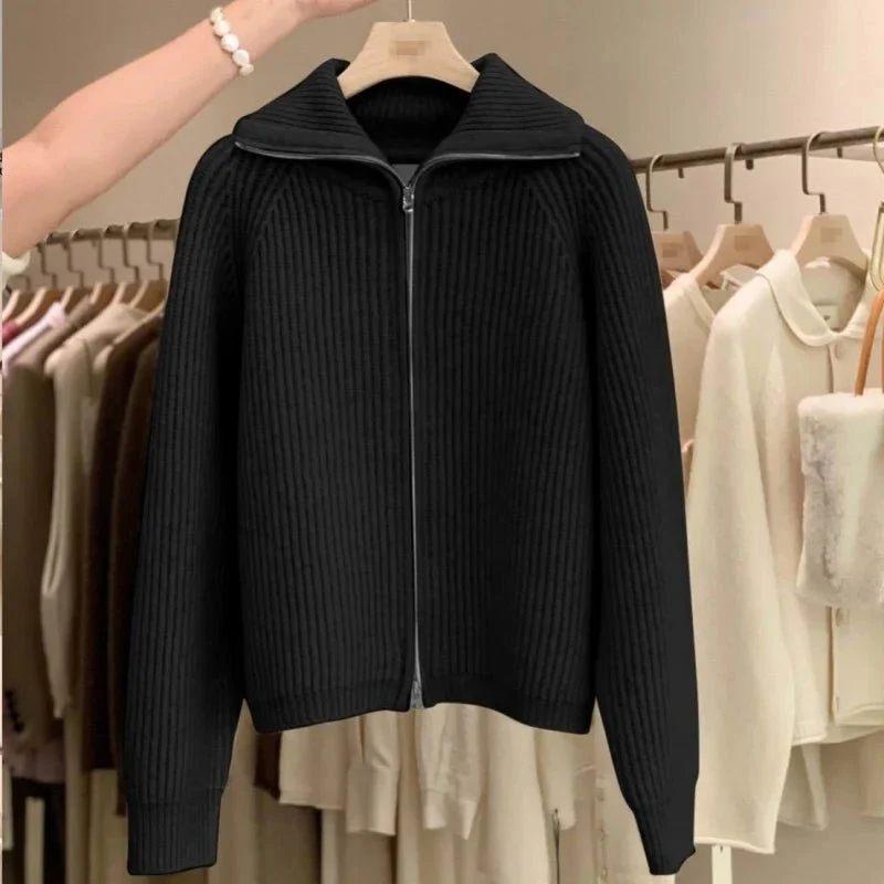 Kaschmir-Cardigan mit Reißverschluss für Damen – 100 % reines, dickes Strickmaterial mit Revers für Herbst und Winter