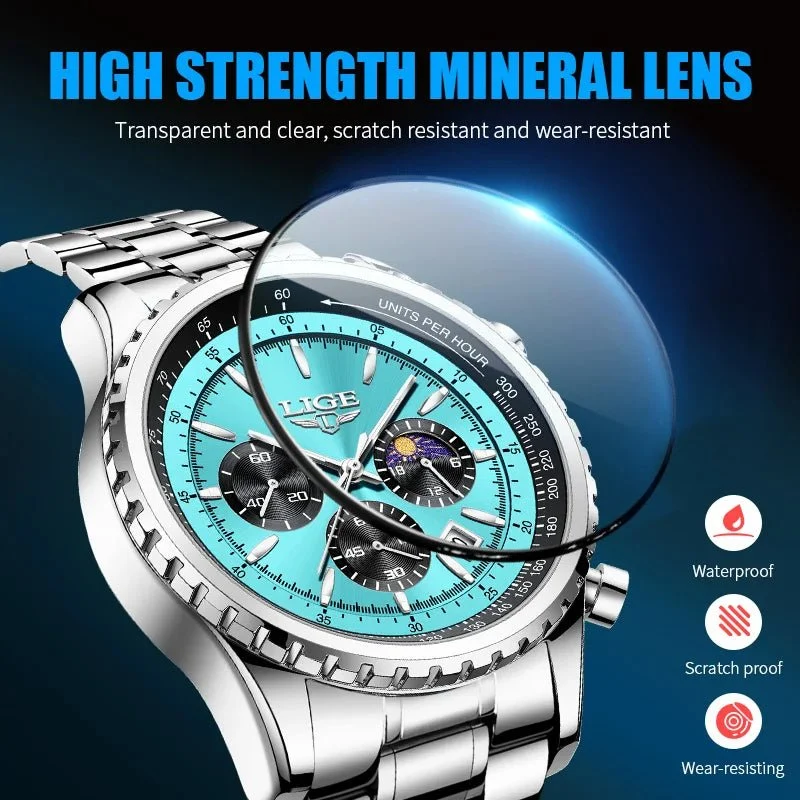 LIGE Herren-Luxus-Chronographenuhr - Wasserdichte Sportarmbanduhr