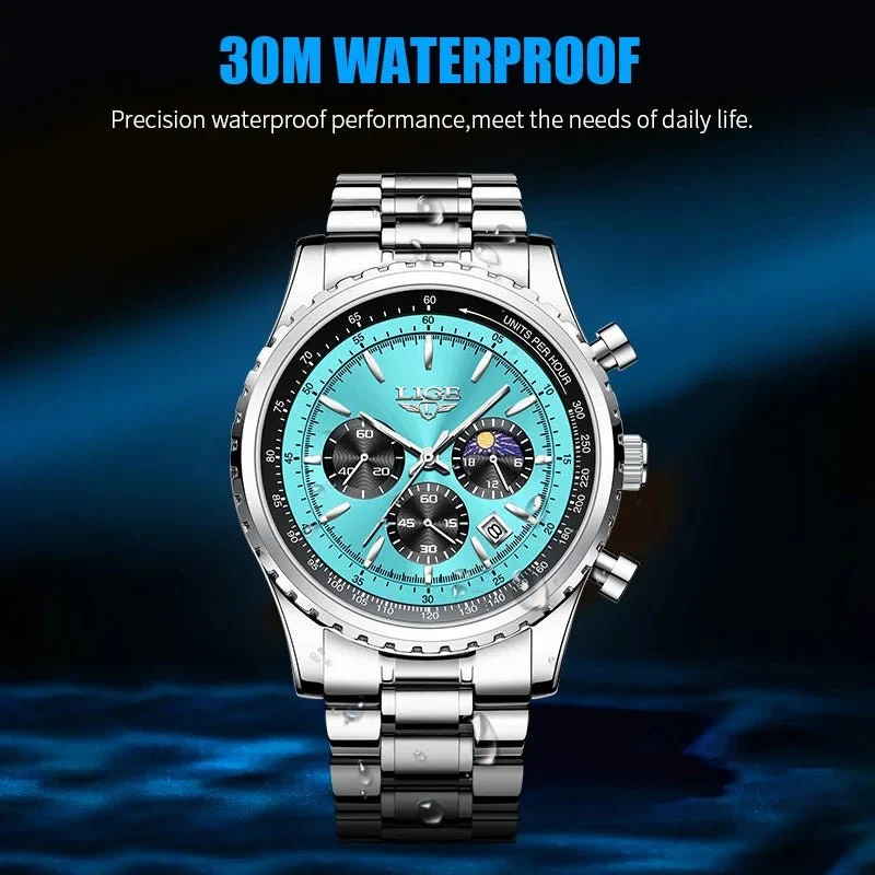 LIGE Herren-Luxus-Chronographenuhr - Wasserdichte Sportarmbanduhr