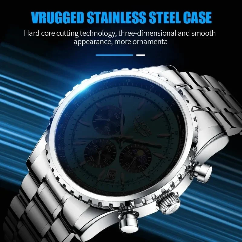 LIGE Herren-Luxus-Chronographenuhr - Wasserdichte Sportarmbanduhr