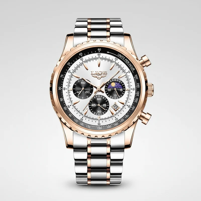 LIGE Herren-Luxus-Chronographenuhr - Wasserdichte Sportarmbanduhr