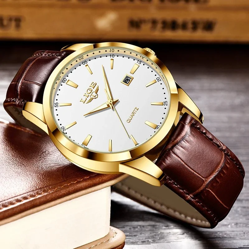 LIGE Herren-Militäruhr – Braunes Leder, wasserdichter Chronograph für Sport
