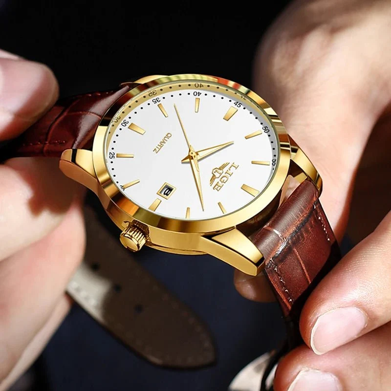 LIGE Herren-Militäruhr – Braunes Leder, wasserdichter Chronograph für Sport