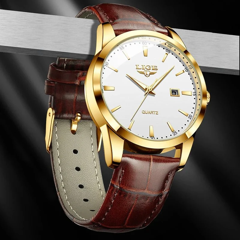 LIGE Herren-Militäruhr – Braunes Leder, wasserdichter Chronograph für Sport