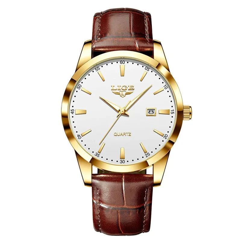 LIGE Herren-Militäruhr – Braunes Leder, wasserdichter Chronograph für Sport