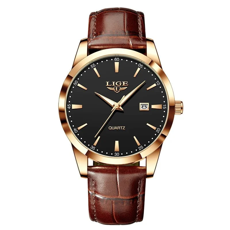 LIGE Herren-Militäruhr – Braunes Leder, wasserdichter Chronograph für Sport
