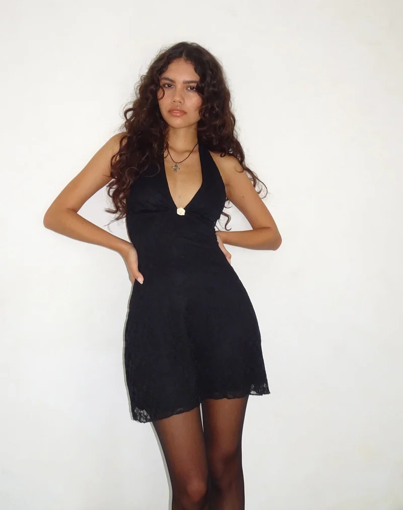 Codami Mini-Kleid mit Neckholder aus Spitze Schwarz