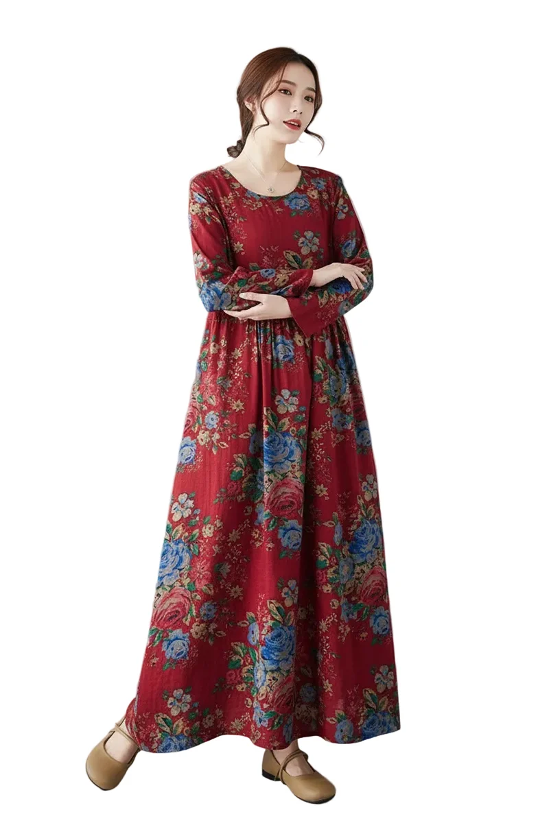 Maxikleid im Boho-Stil mit Blumenmuster für Damen in großen Größen, lockere Passform aus Baumwoll-Leinen-Mischgewebe