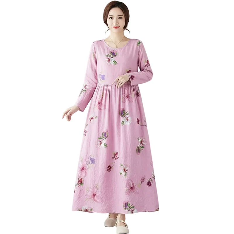 Maxikleid im Boho-Stil mit Blumenmuster für Damen in großen Größen, lockere Passform aus Baumwoll-Leinen-Mischgewebe