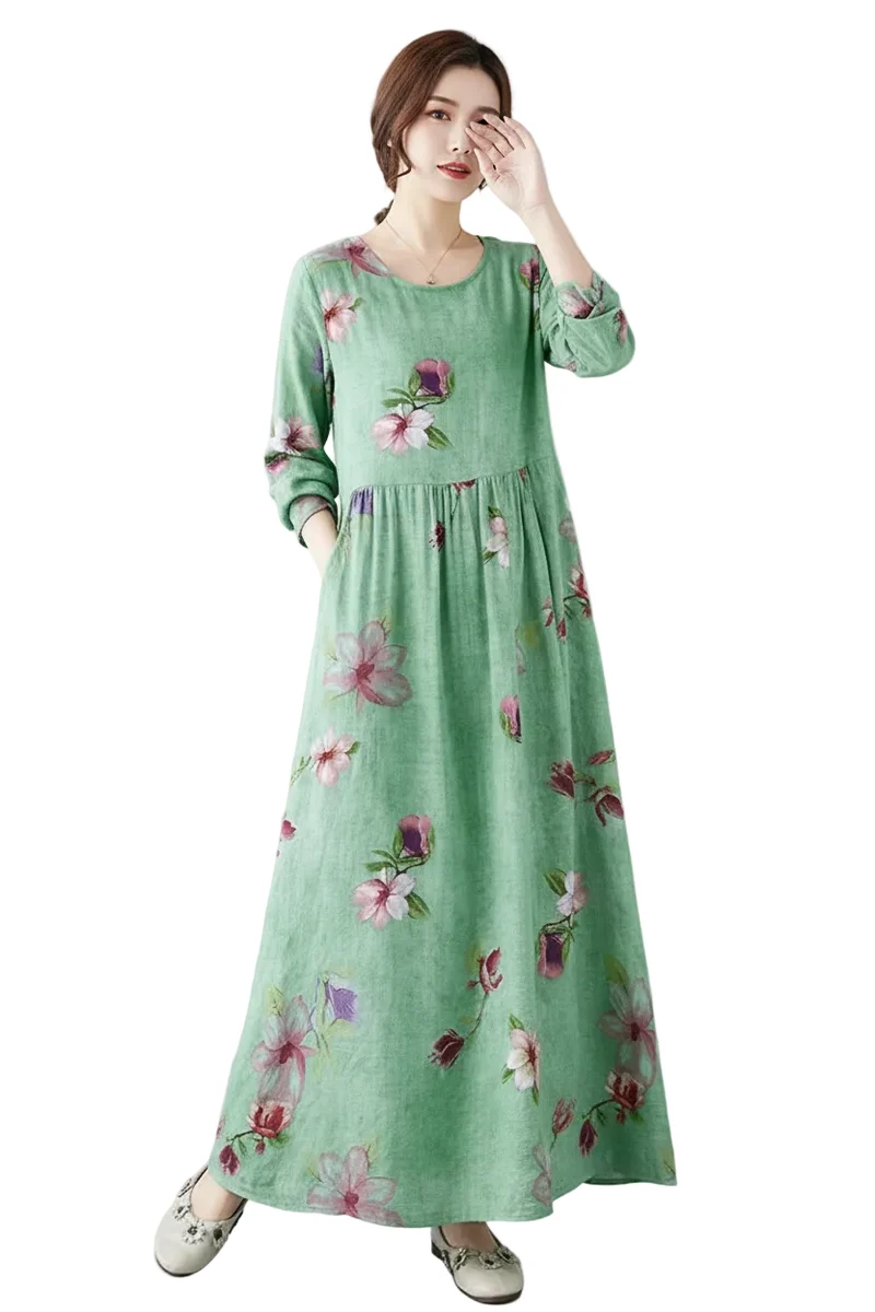 Maxikleid im Boho-Stil mit Blumenmuster für Damen in großen Größen, lockere Passform aus Baumwoll-Leinen-Mischgewebe