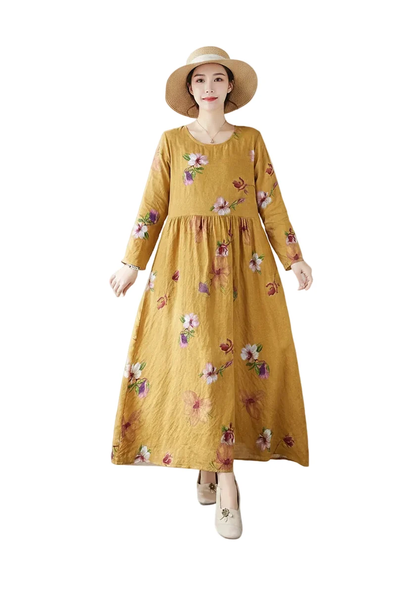 Maxikleid im Boho-Stil mit Blumenmuster für Damen in großen Größen, lockere Passform aus Baumwoll-Leinen-Mischgewebe
