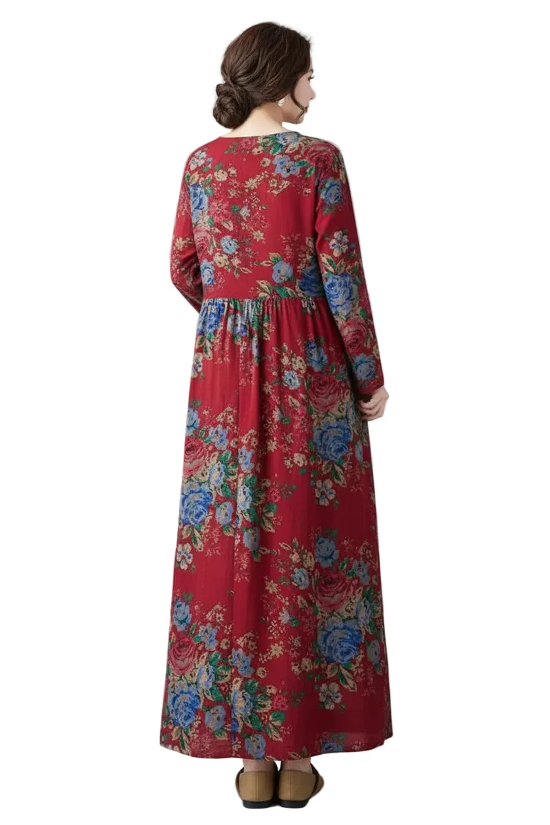 Maxikleid im Boho-Stil mit Blumenmuster für Damen in großen Größen, lockere Passform aus Baumwoll-Leinen-Mischgewebe